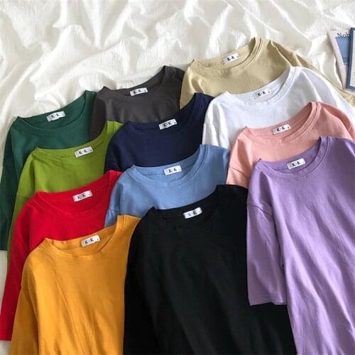 2021 Summer Fashion New Solid Cotton T Shirt Short Sleeve Round Neck Casual Loose Bottom Tops Camiseta