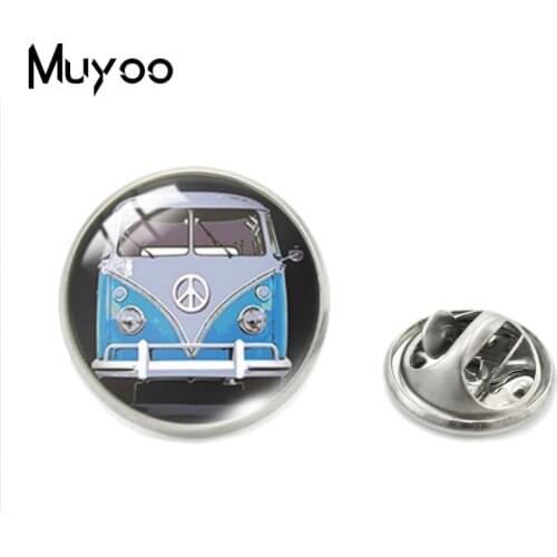 2021 New Vintage Hippie Peace Sign Bus Patterns Glass Cabochon Lapel Pin Handcraft Jewelry Clothing Pins