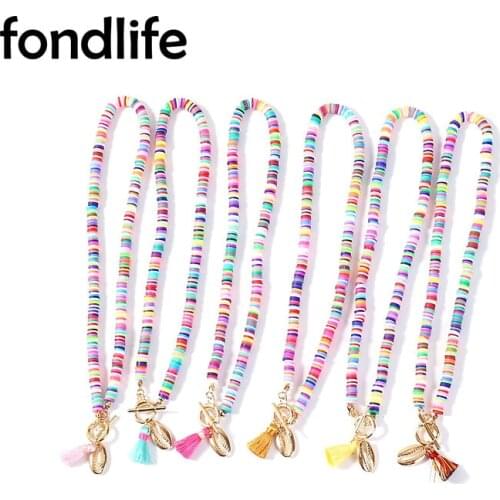 Boho Soft Polymer Clay Heishi Beads Shell Pendant Cotton Tassel Necklace Woman All-match Sweet Nice Girl Rainbow Summer Choker