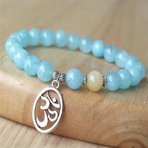 8mm Natural Aquamarine topaz Gemstone Mala Bracelet Men Handmade Sutra Meditation Chakras Monk Wrist Buddhism Stretchy