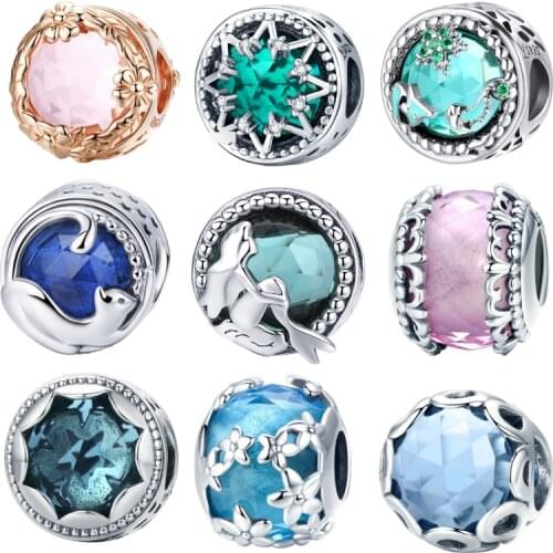 BISAER 925 Sterling Silver European Green Glass Beads Licorne Ocean Beads Charms Fit Original Charms Bracelets Jewelry Making