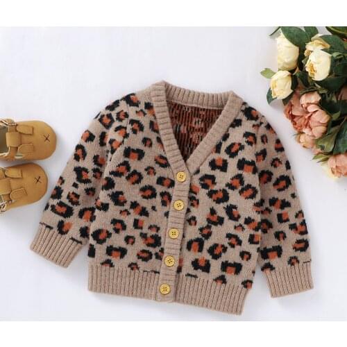 Children Leopard Print Sweater Autumn Winter Kids Coat V-neck Button-up Knitted Cardigan Toddler Newborn Casual Tops for 0-24M