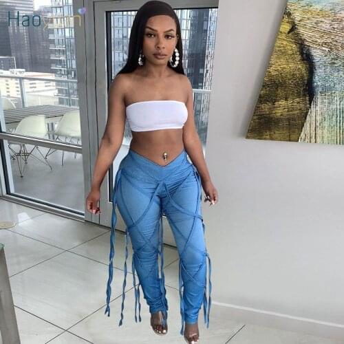 HAOYUAN Sexy Low Rise Jeans Vintage Clothes for Women Summer Festival Outfits Denim Trousers Bandage Y2k Night Clubwear Pants