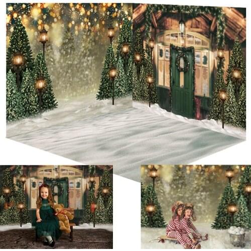 Christmas Wooden House Winter Snow Background Backdrop For Photography Dark Green Door Photo Background Christmas Tree Backdrop