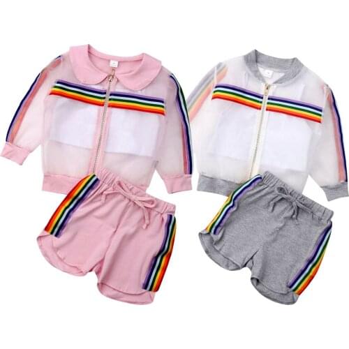 Fashion 3pcs/set Girls Clothing Set Toddler Kid Girl Summer Clothes Rainbow Striped Mesh Costs+ Shorts +Vest Outfits