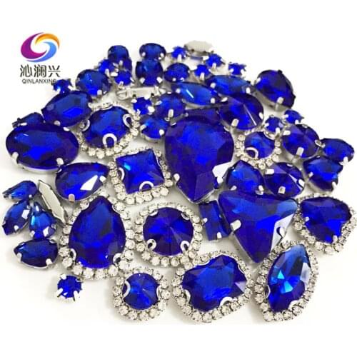 Royalblue color Mix size Crystal buckle+claw rhinestone,Silver base galss sew on stones diy/Clothing accessories 50pcs/pack
