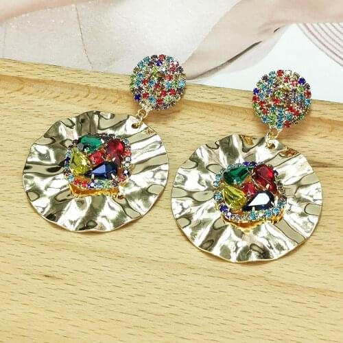 Trendy Colorful Crystal Drop Earring For Women 2021 Big Round Metal Rhinestones Statement EarDrop Jewelry Gold Color UKMOC