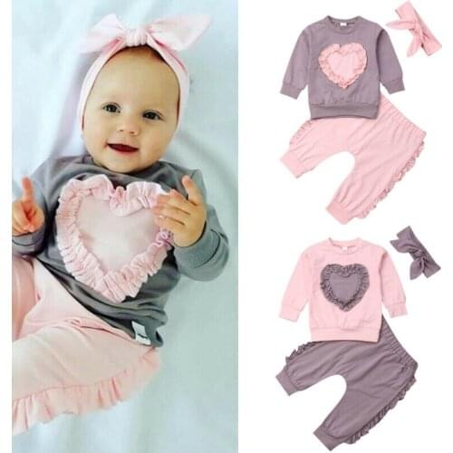 Fashion Newborn Baby Girls Cotton Clothes Set Casual Kids Girl Love Heart Pattern Cotton Long Sleeve Tops T-shirt+Pants+Headband