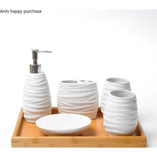 White Ceramic Bathroom 5-piece Set Bamboo Tray Bathroom Accessories Couple Gargle Cups Lotion Bottle Toothbrush Holder Soap Dish
