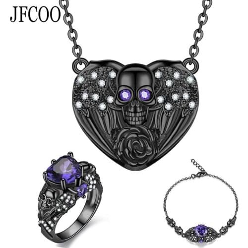 Heart-shape Green purple Red Crystal Necklace Bracelet Ring sets PARTY Angel Punk skull jewelry set Dropshipping