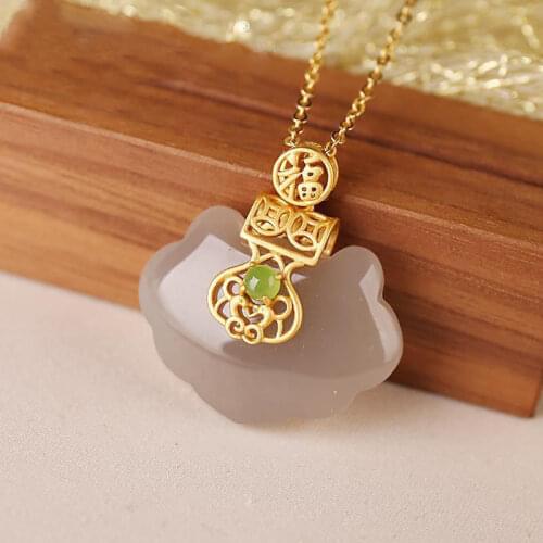 Natural Jade S925 Sterling Silver Inlaid Hetian Jade Smoky Gray Womens Safety Ruyi Long Life Jade Lock Pendant Pendan