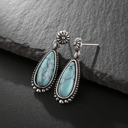 New Product 925 Antique Silver Plated Turquoise Earrings European and American Creative Drop-shaped Exaggerated Earrings