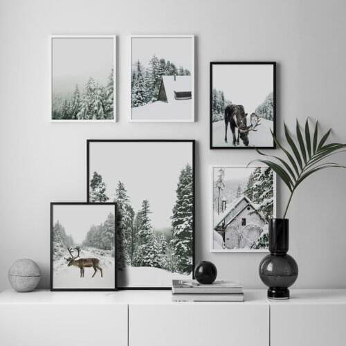 Winter forest Deer Scenery Landscape Wall Art Print Paper Painting Nordic Posters And Prints Wall Pictures For Living Room Decor