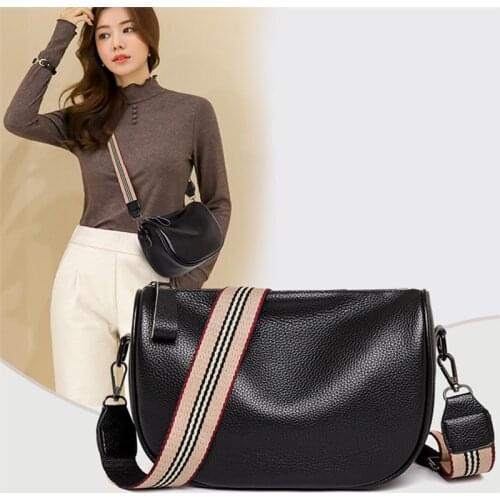 Luxury Wide shoulder strap Handbags Women Bags Designer Ladies Chic 100% genuine leather Cowhide Stylish Crossbody Shoulder Bag