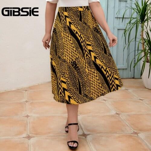 GIBSIE Fashion Print Split Long Skirt Korean Casual Summer High Waist Skirts Womens Plus Size Elegant OL Female A-line Skirt