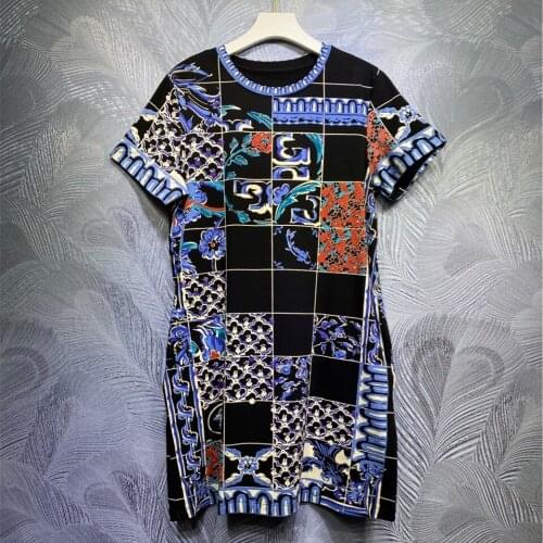 Spring summer chic womens vintage plaid long T-Shirts high quality 95%cotton floral print Tee tops C301