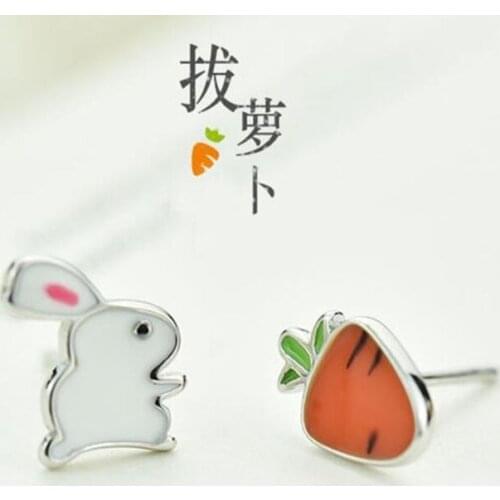 Season Gate 925 Sterling Silver Cute Sweet Asymmetric Rabbit and Carrot Fashion Earrings for Women Girls Jewelry Gift SE059