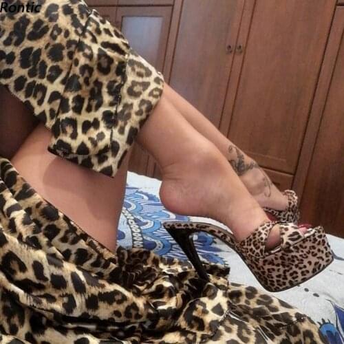 Rontic Women Platform Mules Sandals Leopard Pattern Unisex Stiletto Heels Open Toe Gorgeous Party Cosplay Shoes Size 34 45 47 52