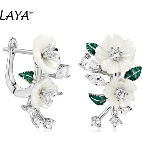 Laya Earrings For Women High Quality Zircon Natural Shell Flower Green Leaf Enamel 925 Sterling Silver Fashion Jewelry