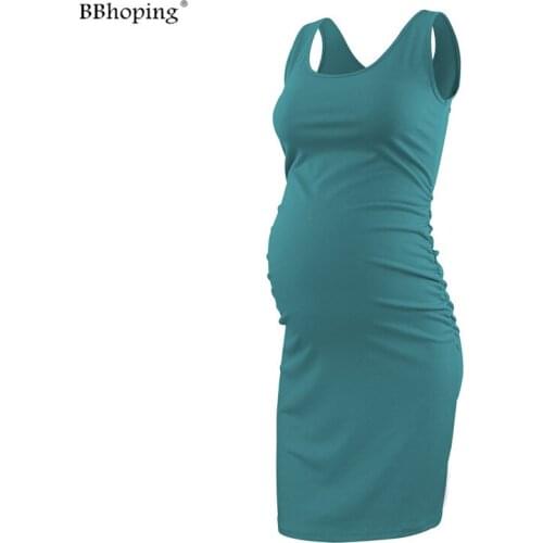 Womens Elegant Sleeveless Maternity Tank Dress Ruched Side Bodycon Pregnancy Casual Dress Knee Length Round Neck Vetement Femme
