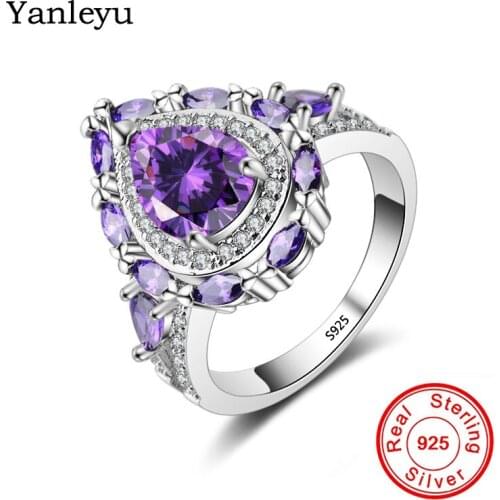 Yanleyu Luxury Natural Purple Crystal Zircon CZ Engagement Ring for Women Real 925 Sterling Silver Water Drop Jewelry Ring PR262