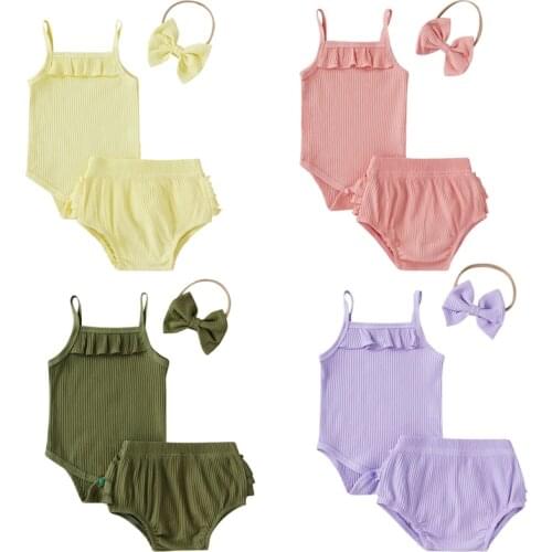 3Pcs Baby Girls Clothes Set Summer Breathable Solid Color Sleeveless Romper + Casual Shorts + Bow Headwear