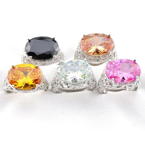 MIX 5 Pieces Holiday Gifts Big Offer Oval White Pink Topaz Black Onyx Citrine Morganite Gemstone Silver Rings Mix Size 7 8 9