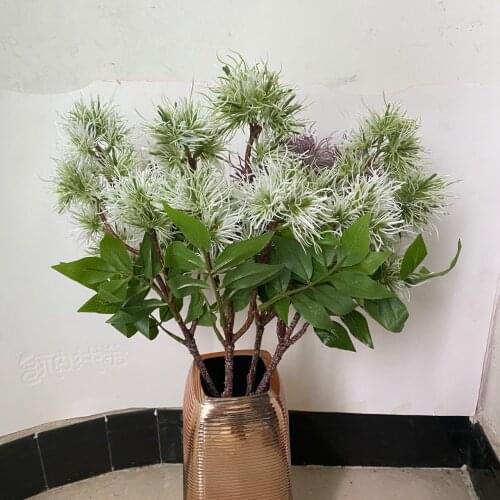 9 Heads Thorn Ball Sea Urchin Flower Branch with Green Leaves Artificial Flowers Fake Plants for Home Wedding Decoration