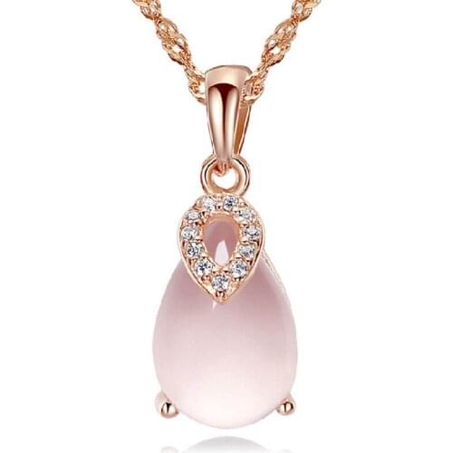 Angel Teardrop Pendant Necklace CZ Crystal Pink Opal Pendant Necklaces Chokers Rose Gold Color for Women Girls Ross Quartz Gift