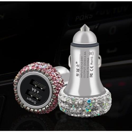 Crystal Dual USB Car Charger For Mobile Phone Tablet GPS Fast Charger Rhinestone Diamond Phone 3 Data Line Wire in Car