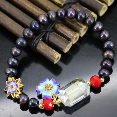 High grade black natural 7-8mm pearl beads charms strand bracelets for women cloisonne new fashion elegant jewelry 7.5inch B2968