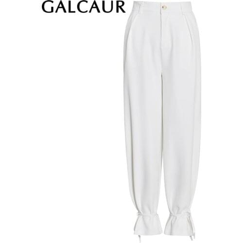 GALCAUR White Full Length Pant For Women High Waist Ruched Minimalism Pockets Loose Plus Size Wide Leg Trousers Female 2021 Tide