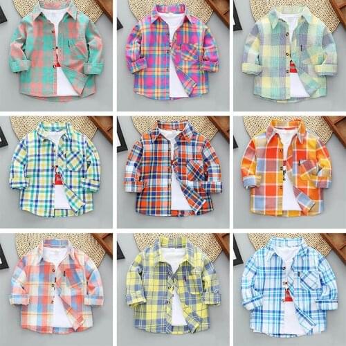 Children Plaid Shirt Baby Boy Lapel Long-Sleeved Girls Cotton Outerwear Kids Jacket Coat Summer Autumn Clothes Multiple Colors