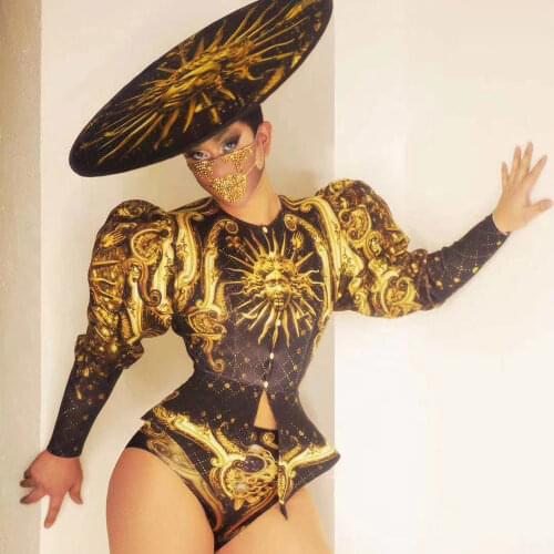 Long Puff Sleeve With Sun Print Tight Stretch Button Shirt Shorts Hat Nightclub Costumes DJ Singer Dance Stage Wear