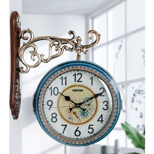 European Vintage Wall Clock Art Silent Blue Creative Double Sided Glass Quartz Wall Clock Round Living Room House Decor MM60WC