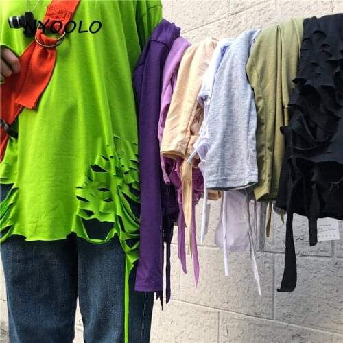 NYOOLO Spring autumn hole solid color bottoming tee shirt Harajuku streetwear loose hip hop long sleeve t-shirt women men tops