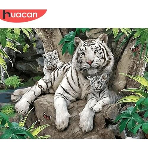 HUACAN Diamond Embroidery Animals DIY Mosaic Paintng Full Drill Resin Garden Decoration 5D Diamond Painting Bengal White Tiger