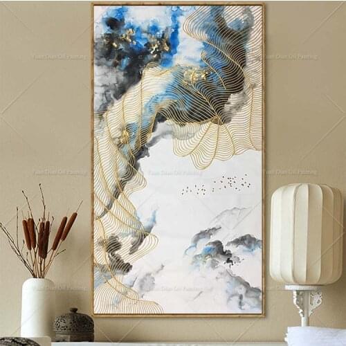 Blue Sea Gold Line Tropic Flower Tree Living Room Restaurant Interior Decoration Picture Wall Art Hand Painted Oil Painting