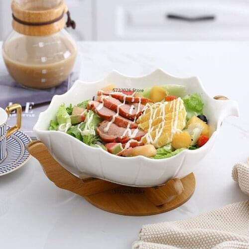 Ceramic fruit plate household tableware salad bowl creative living room fruit storage bowl with spoon fork bamboo wooden bracket