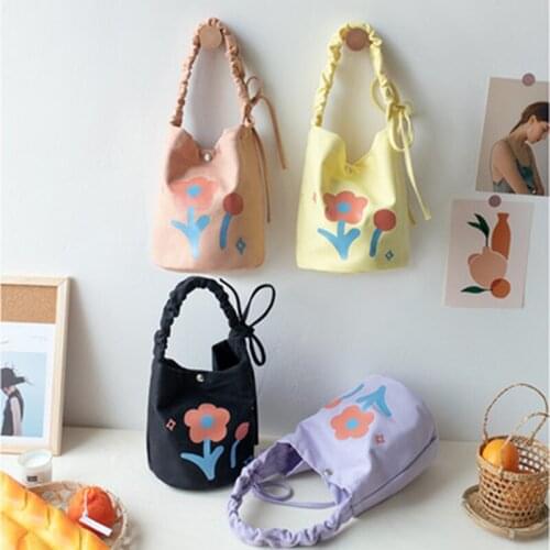 Kawaii Round Bucket Bag For Women Flower Korean Canvas Handbag 2022 New Large Designer Portable Handbags Phone Key Pouch WY248