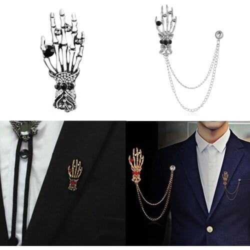 Punk Vintage Details Skeleton Hand Claw Inlaid Rhinestone Metal Pin Skull Bones Chain High-grade Retro Tide Mens Brooches