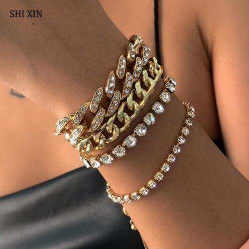 SHIXIN Hiphop Thick Iced Out Chain Bracelets Set for Women Shiny Rhinestone Charm Bracelet Hand Chain Crystal Bracelet 2021 Gift