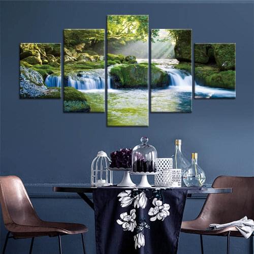 Wall Decor 5 Pieces landscape Painting on Canvas Waterfall Running water Posters and Prints Modern Picture for Living Room