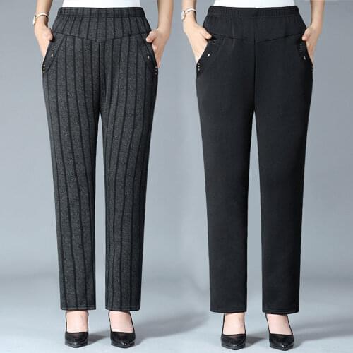 Autumn Winter Middle Aged Women Elastic Waist Casual Straight Pants Trousers Plus Velvet Striped Pencil Pants Plus Size 5XL Y344