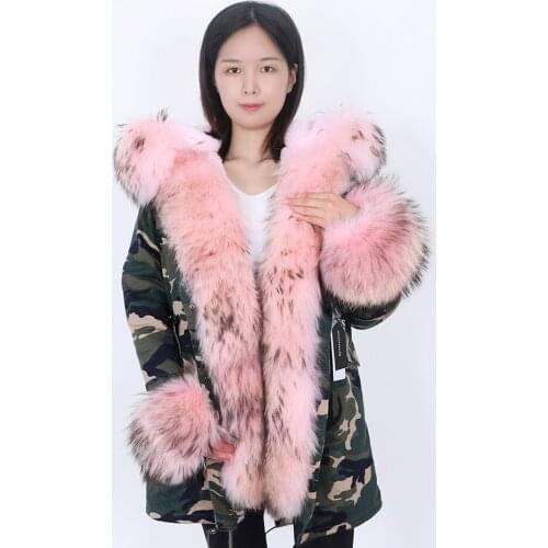 MAOMAOKONG winter women long coats with Pink real fur coat natural raccoon fur collar long parkas warm jacket women