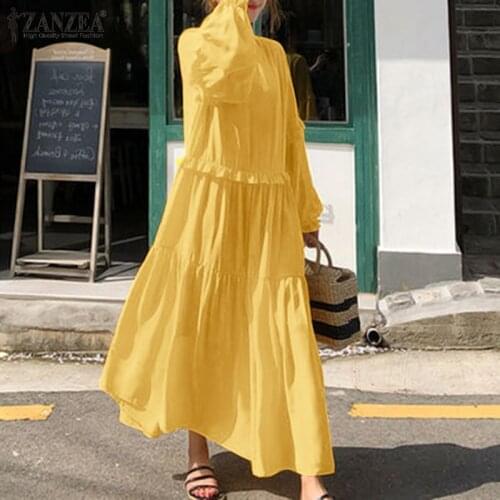 Spring Long Puff Sleeve Ruffles Sundress ZANZEA Stylish Women Elegant Solid Long Dress Robe Vestidos Yellow Dresses