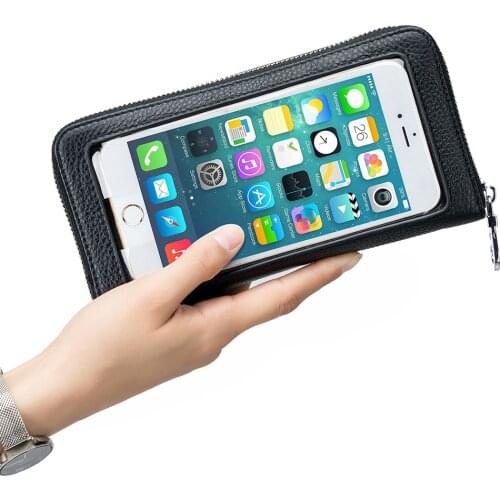 Fashion Cow Genuine Leather Women RFID Mobile Cell Phone Bag With Clear Window Multi-Functional Shoulder Bags Purse Wallet Case