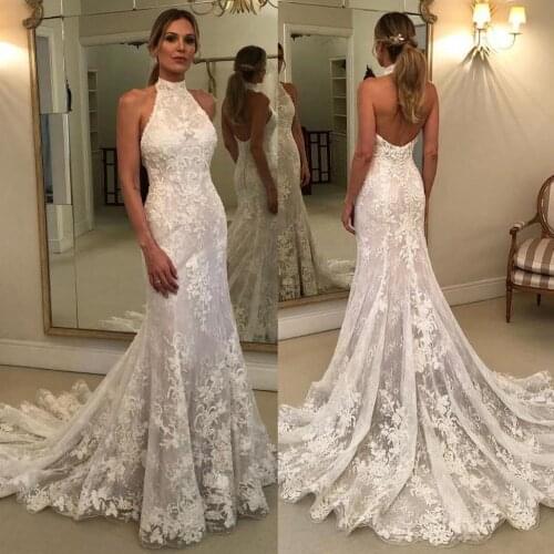 Gorgeous Lace Mermaid Wedding Dresses Bridal Gown Sexy Halter Appliqued Sweep Train Custom Made Plus Size Covered Buttons Back