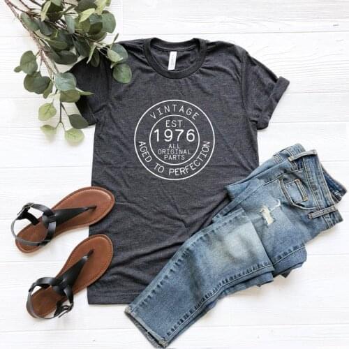 Vintage 1976 45th Birthday Gift Retro Shirt 100% Cotton Plus Size Female Clothing O Neck Shirt Short Sleeve Girl Top Tee kawaii