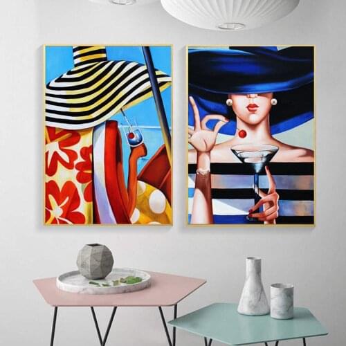 Fashion Women Wearing Hat Wall Art Poster Abstract Figure Cherry Wine Canvas Painting Modern Print Painting for Home Decor